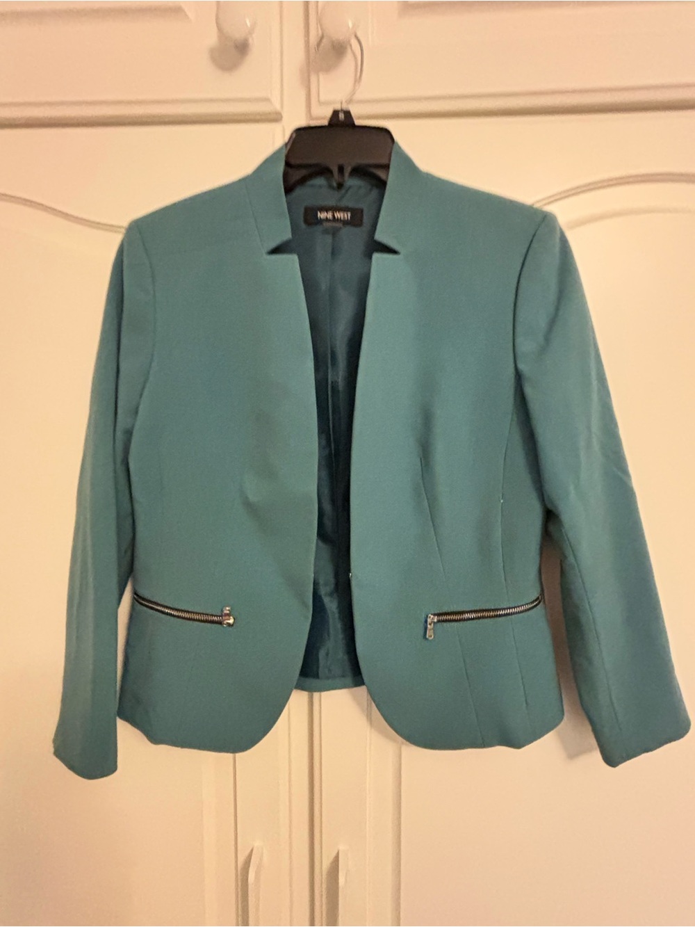 Nine West Teal-Blue Women's Zip-Pocket Open Blazer